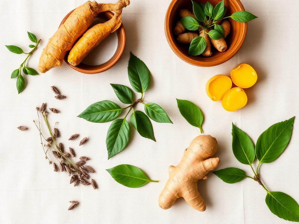 Fresh botanical herbs and roots on a linen surface