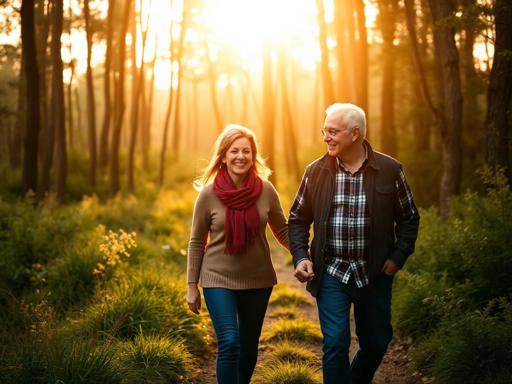 Couple walking on a forest trail in morning light